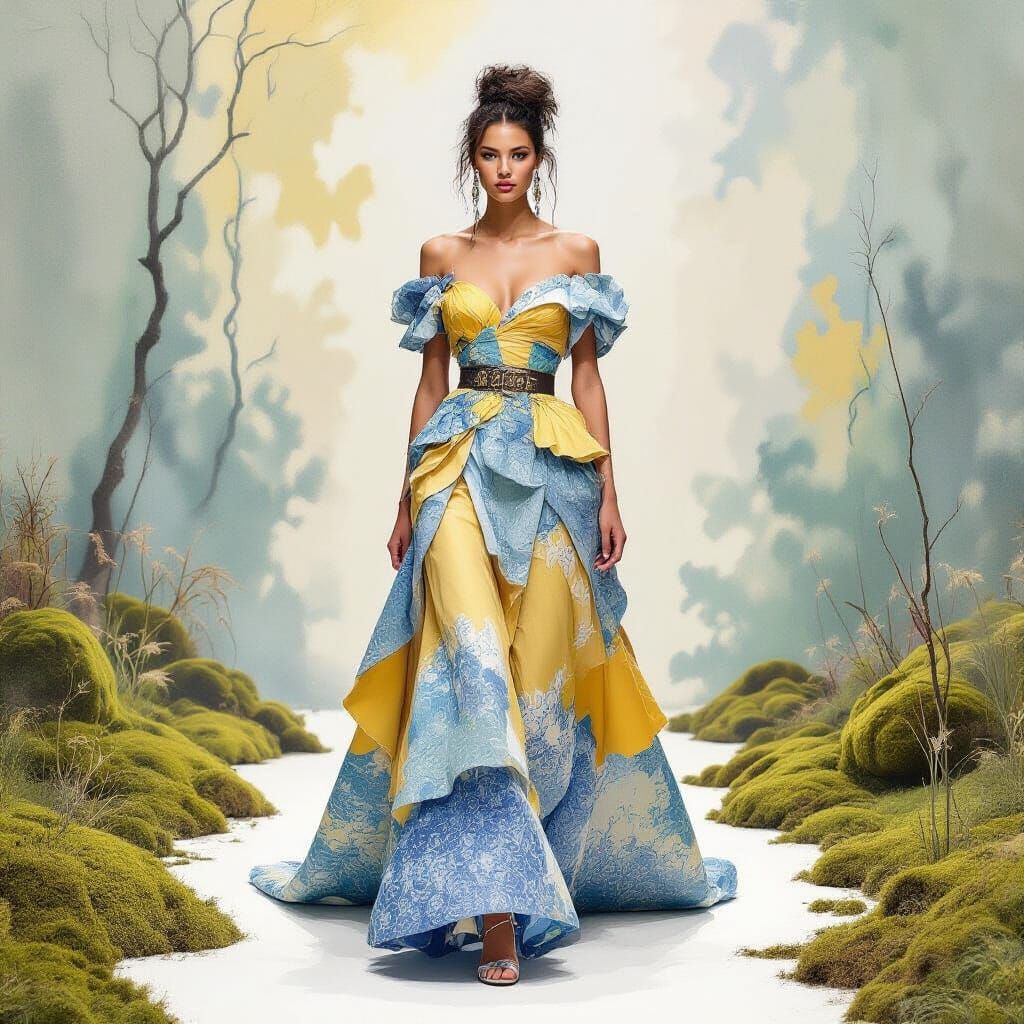 Fashionista on Scandinavian Catwalk in Dreamy Gouache Style