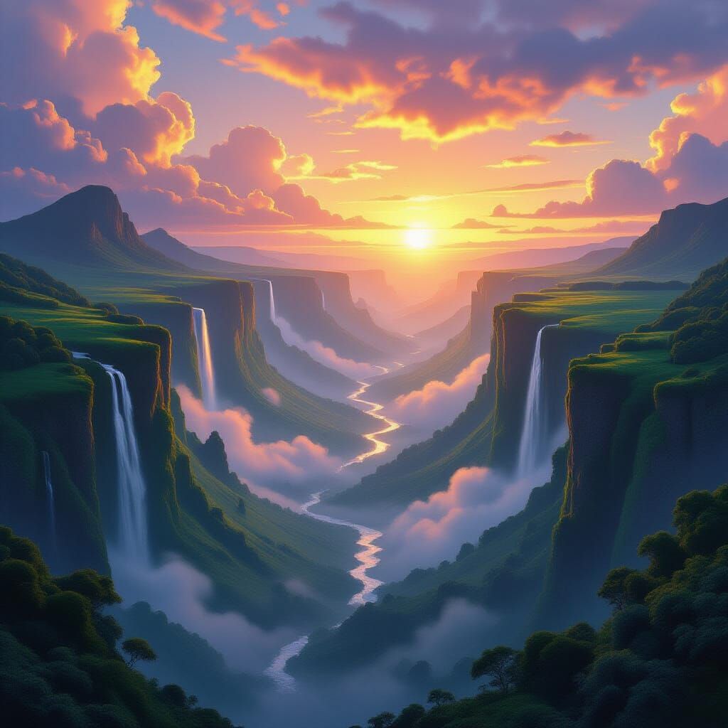 Lush Fantasy Landscape with Waterfalls at Sunset