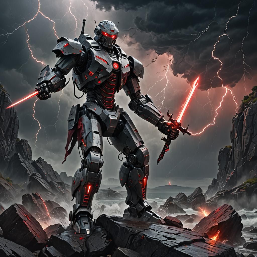 Crimson Eyed War Robot with Energy Sword