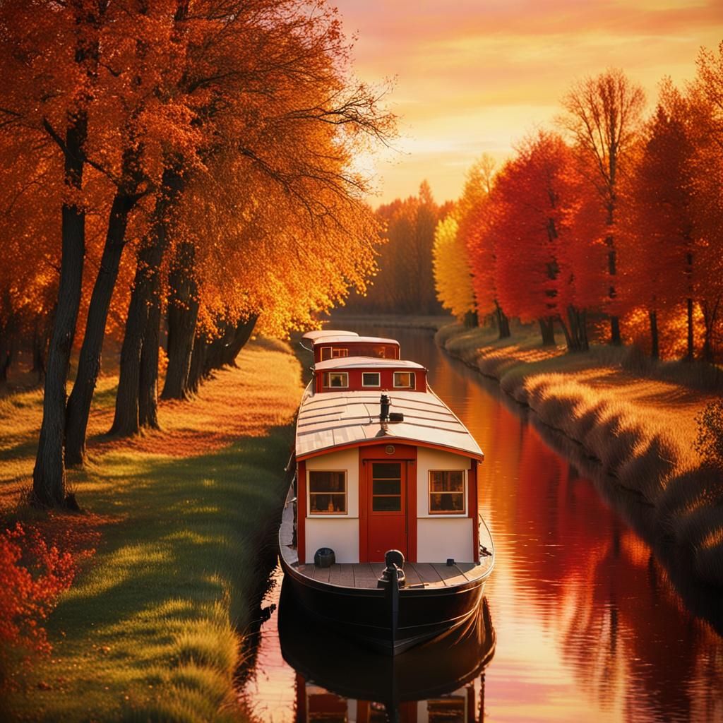 Houseboat on Canal at Sunset in Autumn