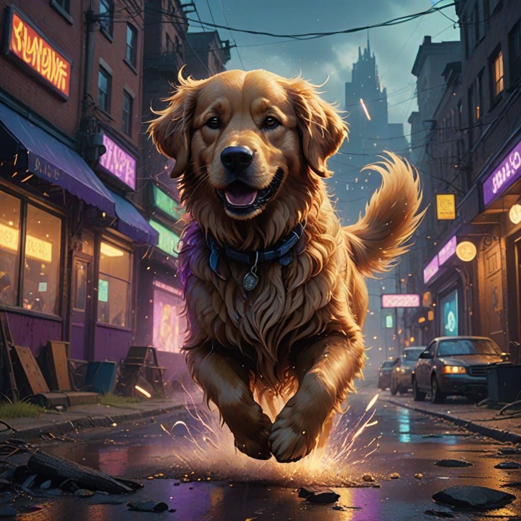 Golden Retriever Runs with Magical Electricity