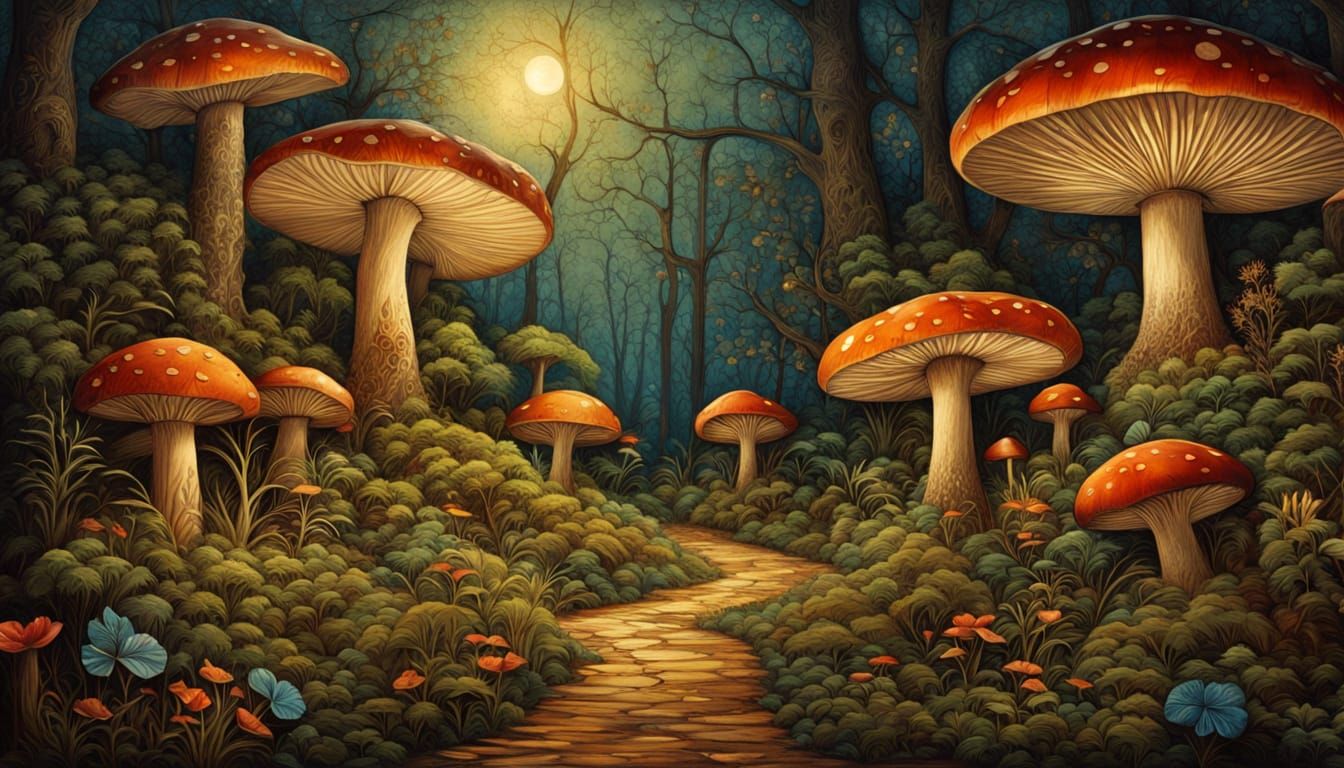 Alice in Wonderland Wood Pyrography with Giant Mushrooms