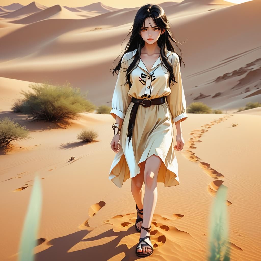 Anime Woman with Golden Eyes in Desert Landscape