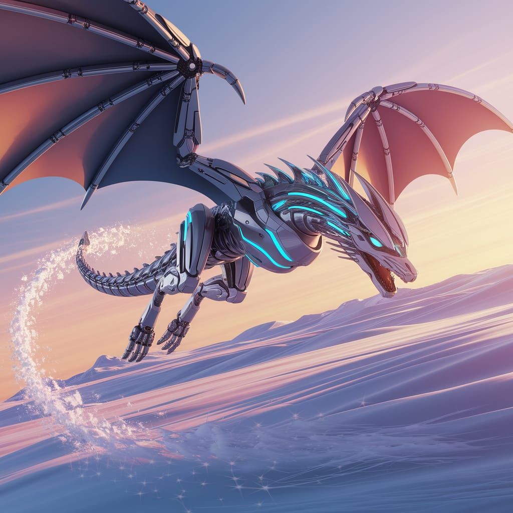 Sleek Anime Robo Dragon Soars Through Snowy Landscape