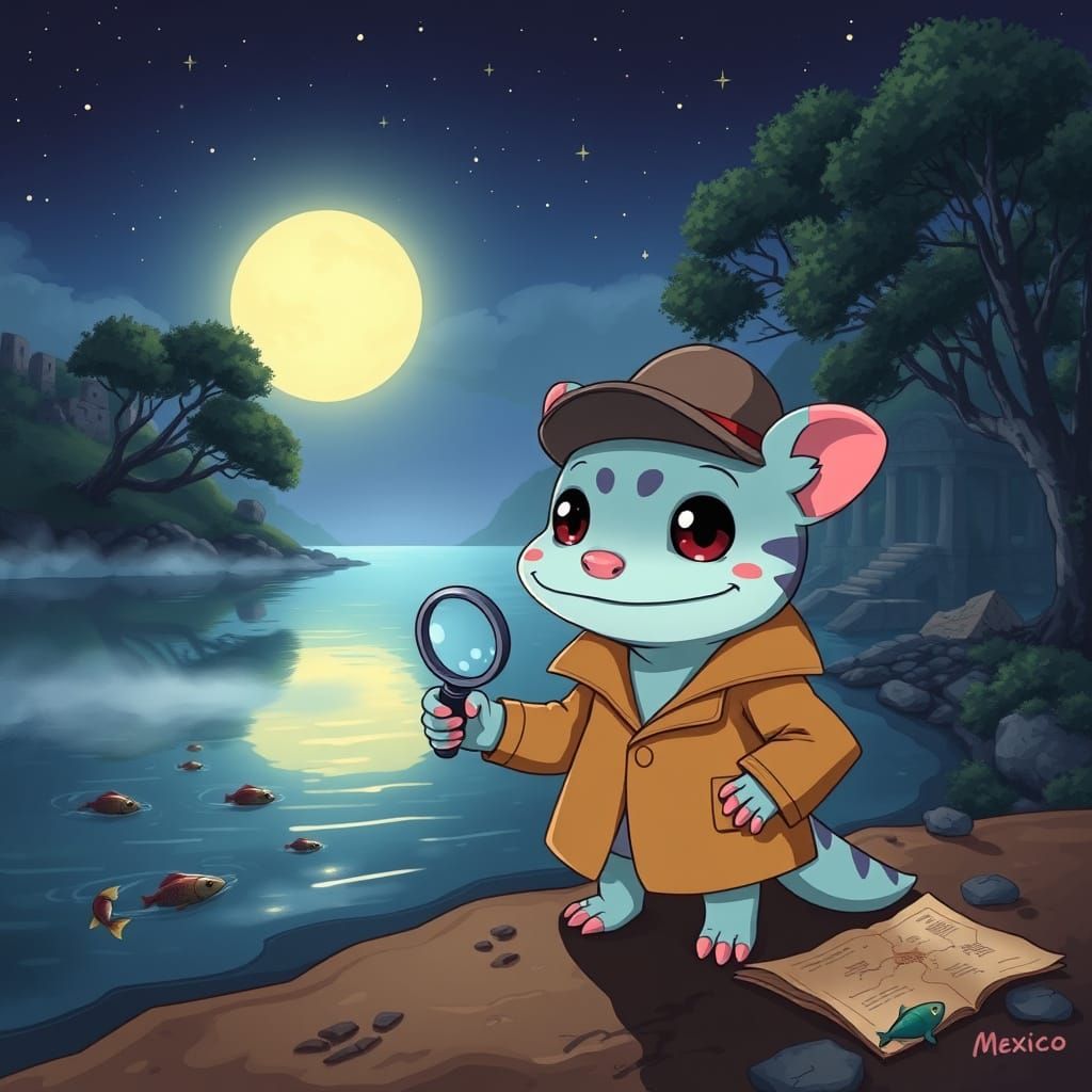 Mysterious Axolotl Detective on Moonlit Lake