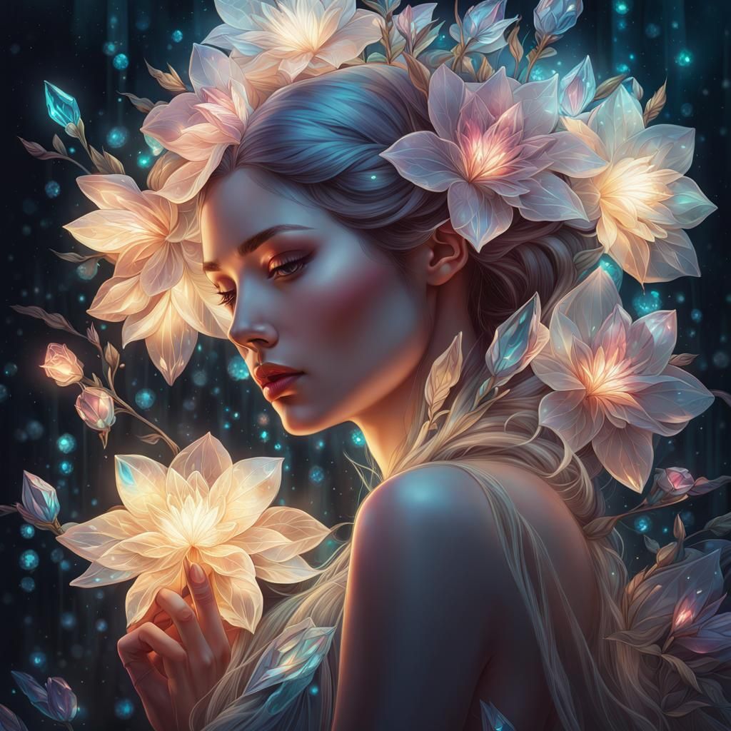 Ethereal Woman with Crystal Flowers, Detailed Art