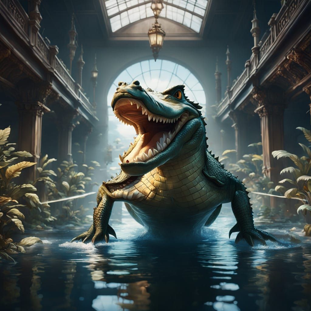 Vibrant Crocodile Dives in Anime-Inspired 3D Scene