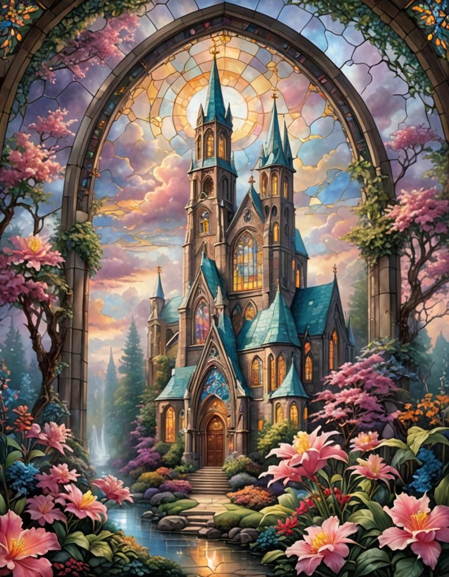Ethereal Stained Glass Cathedral with Azalea