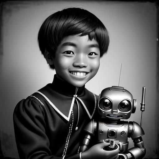 Young Islander Boy With Robot in Vintage Photo