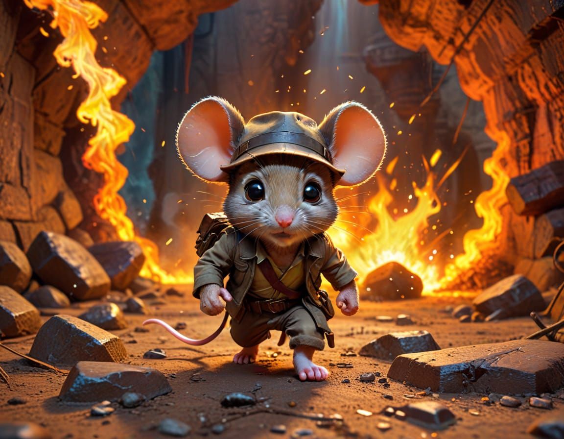 Chibi Adventure Mouse Runs from Exploding Fire in Colorful C...