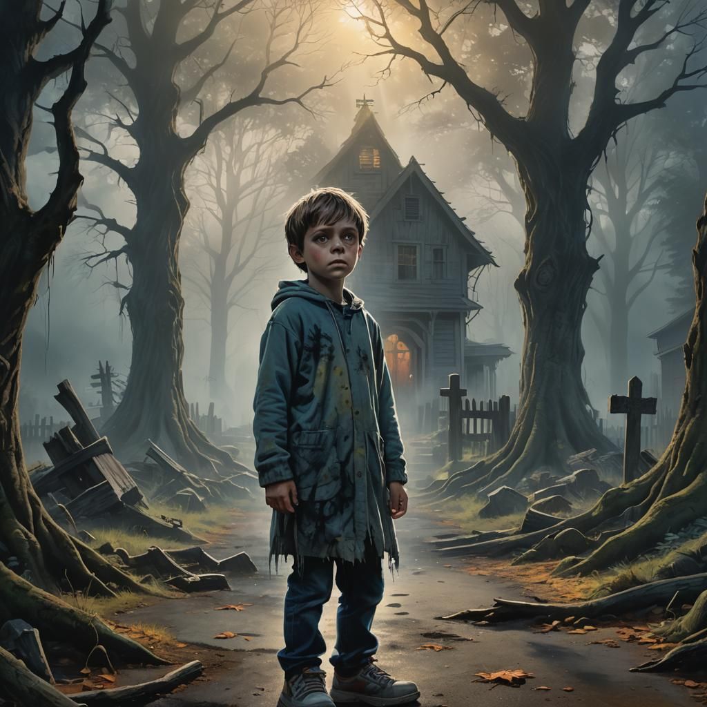Ghostly Child at Pet Sematary Entrance in Oil Painting Style