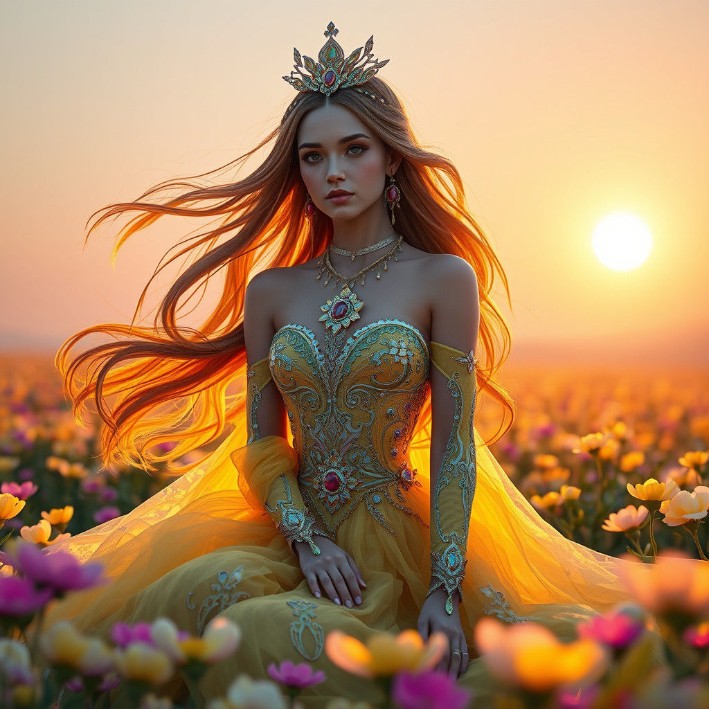Princess in Sci-Fi Gown at Sunset, Digital Matte Painting