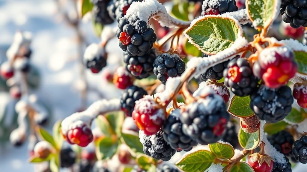 Winter Wonderland in Russia: Frozen Blackberry Bush in Snowy...