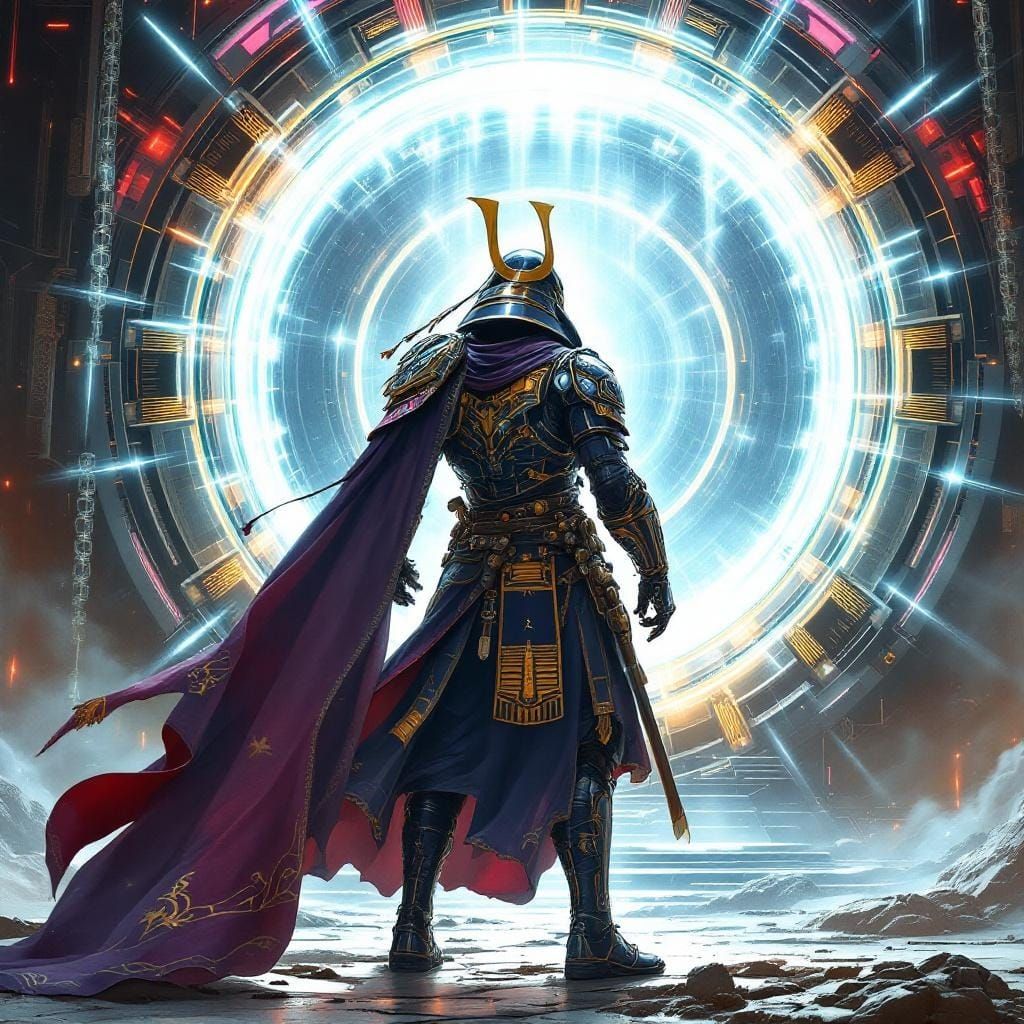 Sci-Fi Samurai Before Portal in Cyberpunk Style
