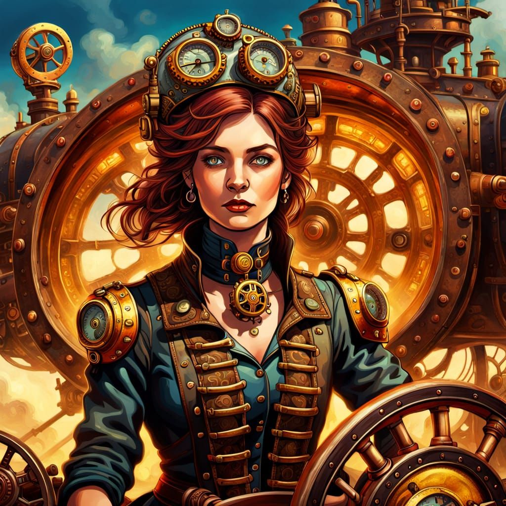 Steampunk Woman Driving Vehicle in Oil Painting Style