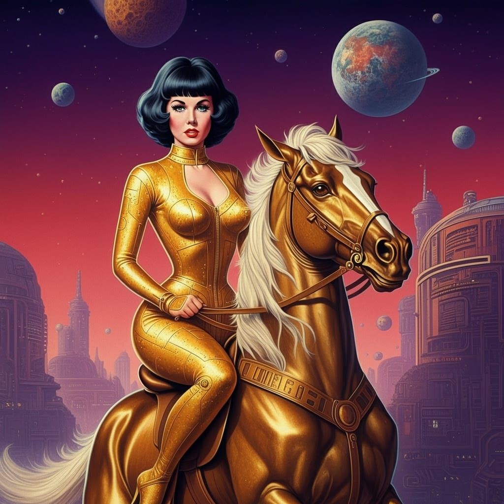 Golden Goddess Rides Cyber Steed Across Alien Landscape