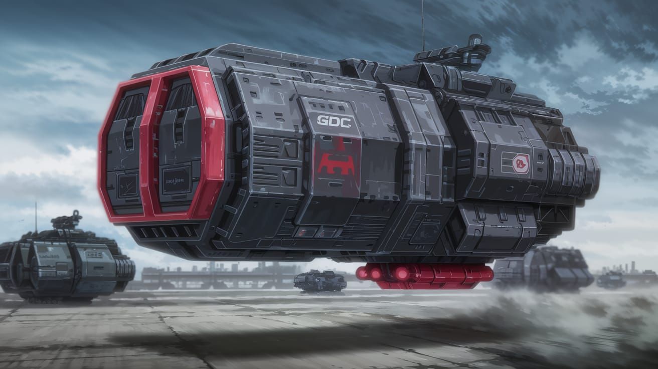 Sci-Fi Brutalist Cargo Transport in Dark Grey and Red