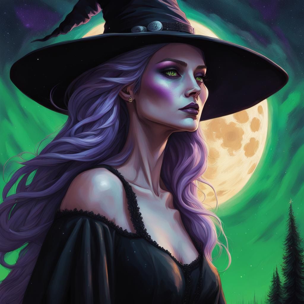 Lilac-Haired Witch Gazing at Starry Sky: Hyperrealistic Art