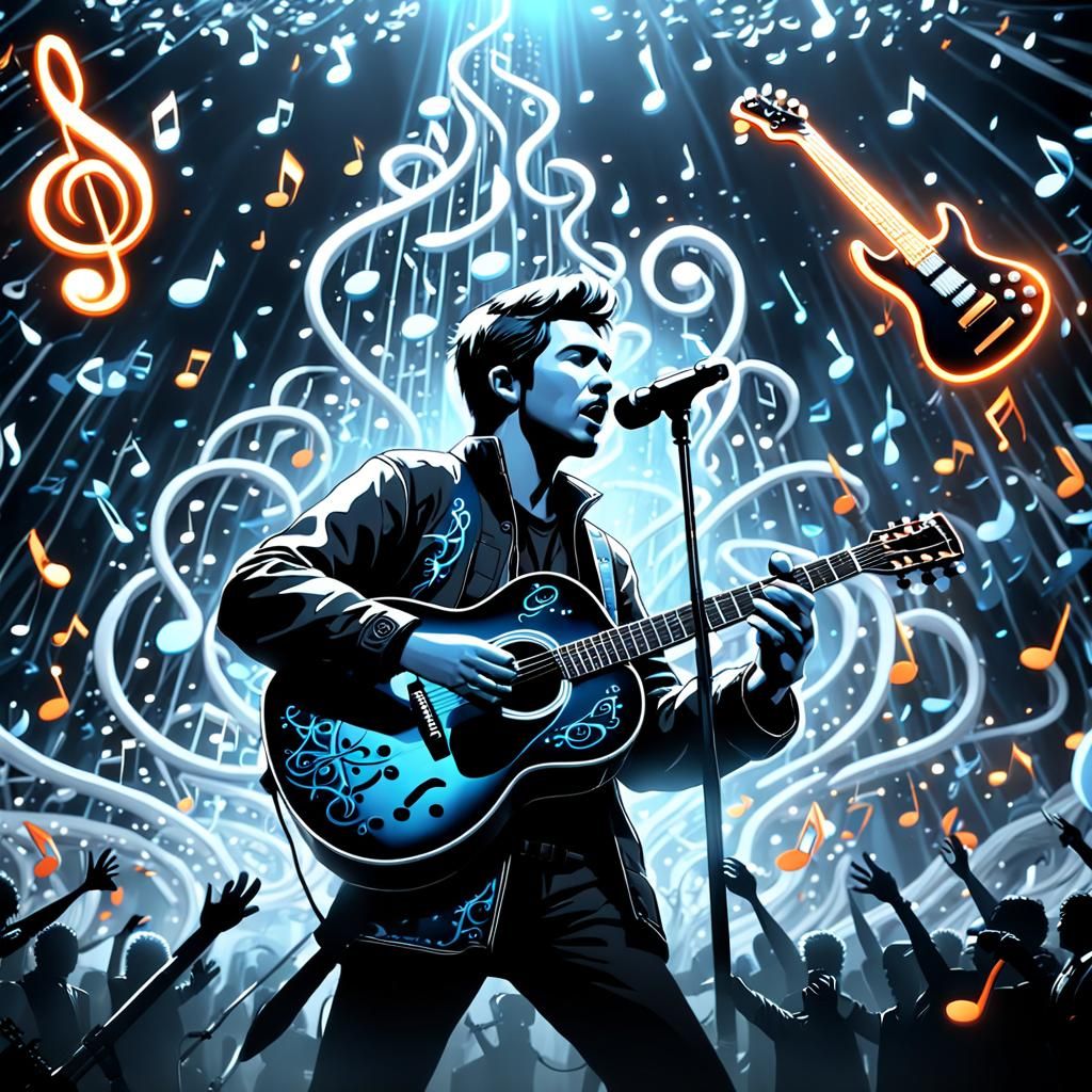 Singer Surrounded by Music Notes in Film Still