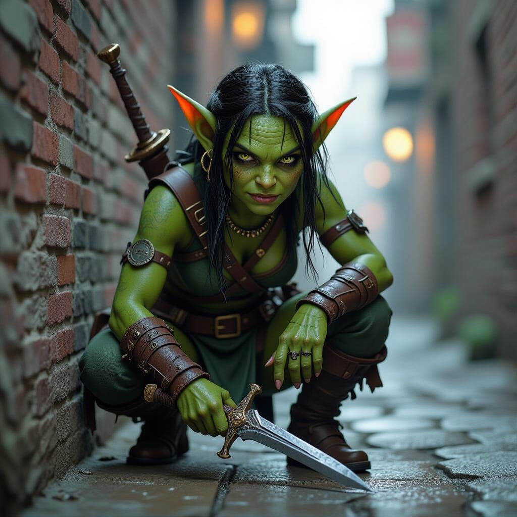 Female Goblin Crouching in Shadowy Alley