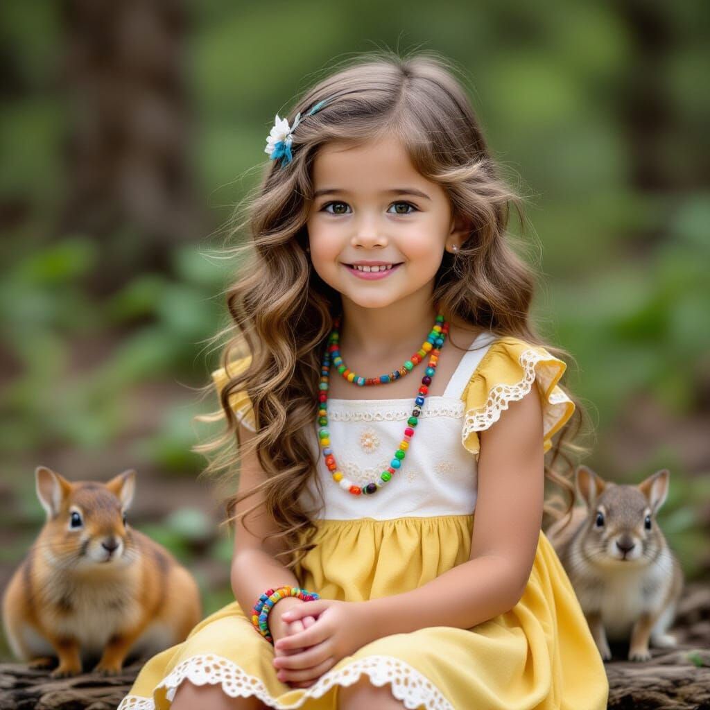 Girl with Forest Animals in a Yellow Dress
