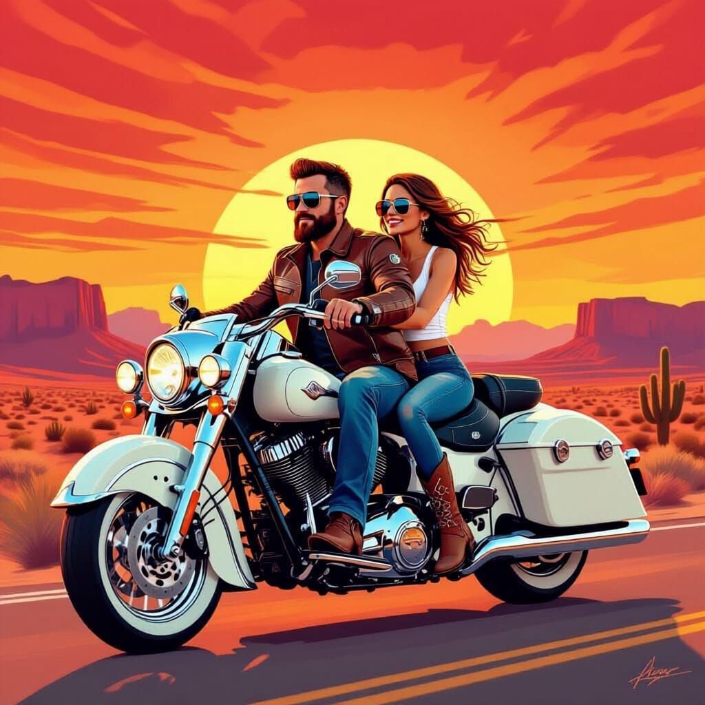 Motorcycle Ride Through Arizona Desert Sunset