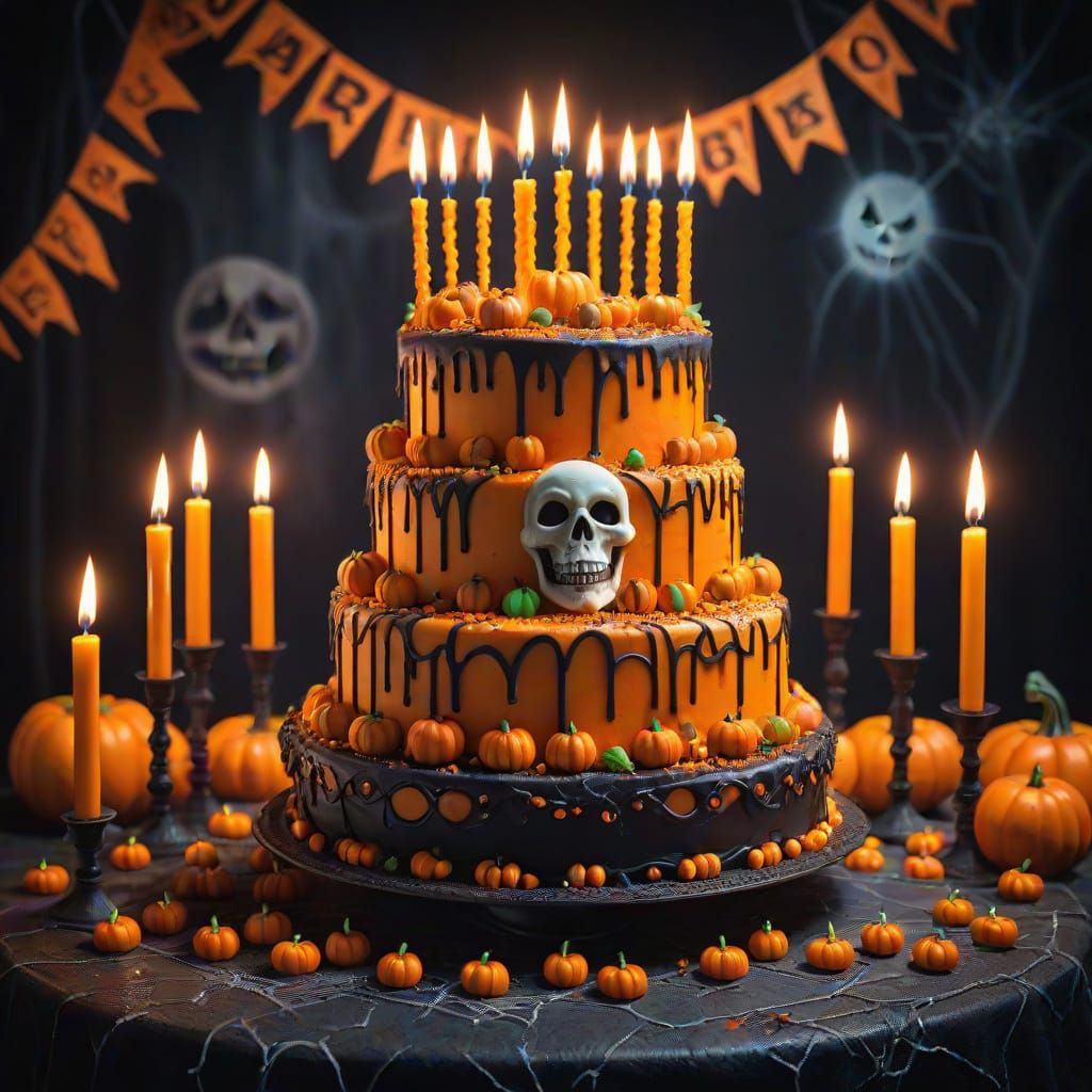 Hyperrealistic Halloween Birthday Cake HDR Photo