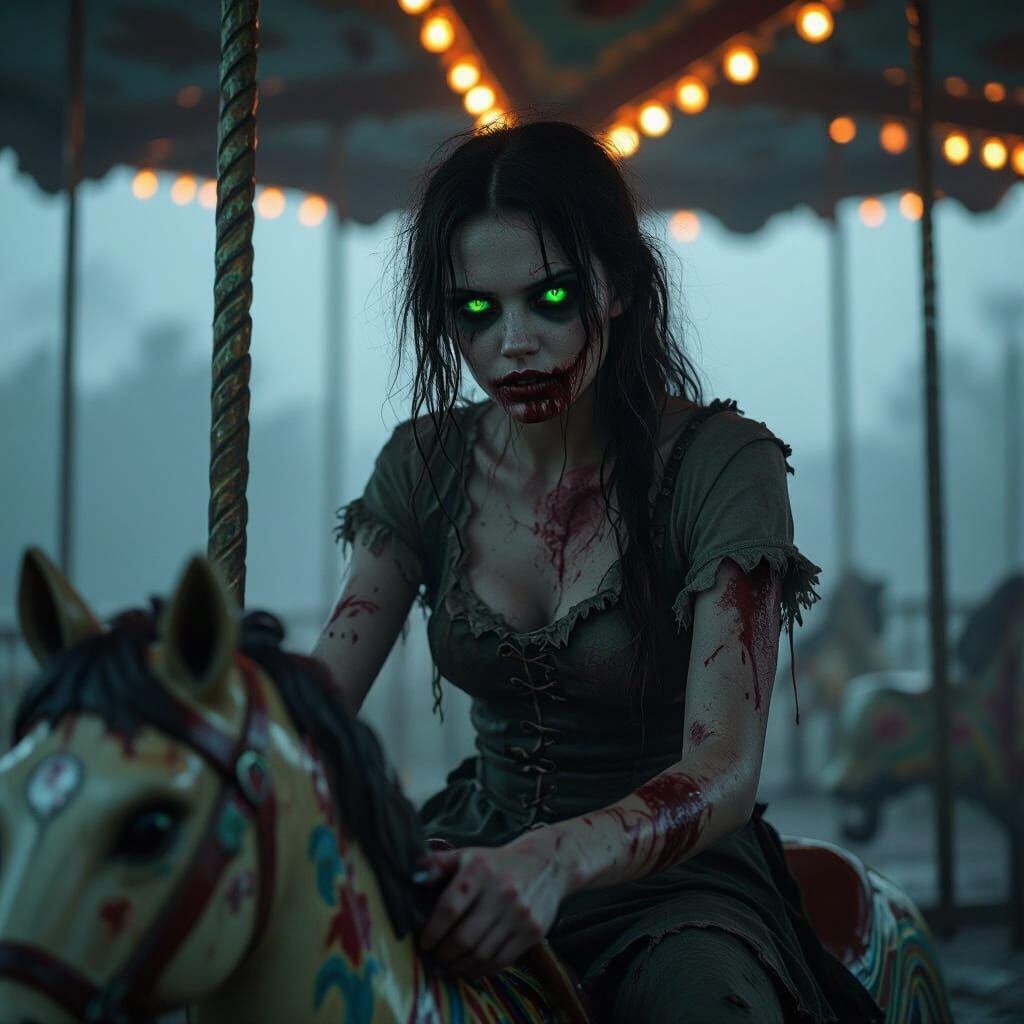 Zombie Girl on Broken Merry-Go-Round in Foggy Park