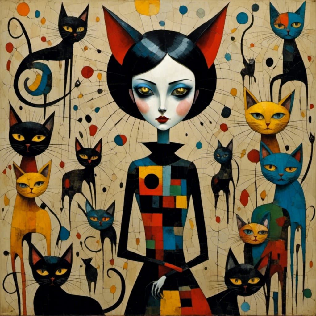 Catwoman Surrounded by Cats in Surrealist Style