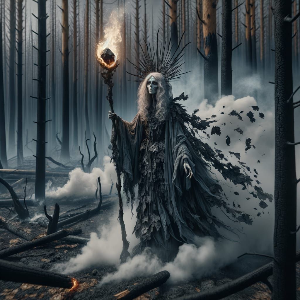 Smoke Fairy in Charred Forest: Gothic Surrealism