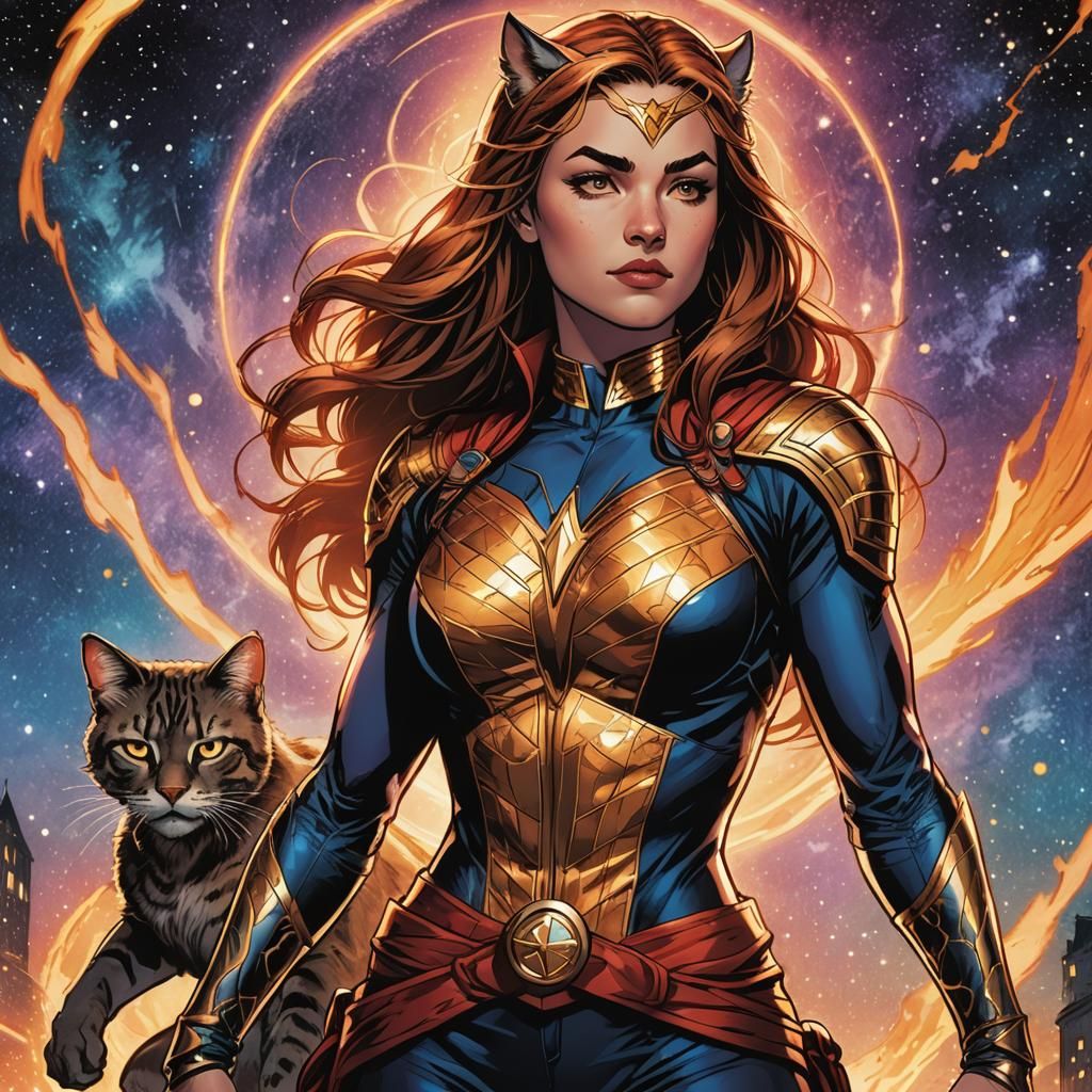 Magical Feline Superheroine in Marvel Comics Style