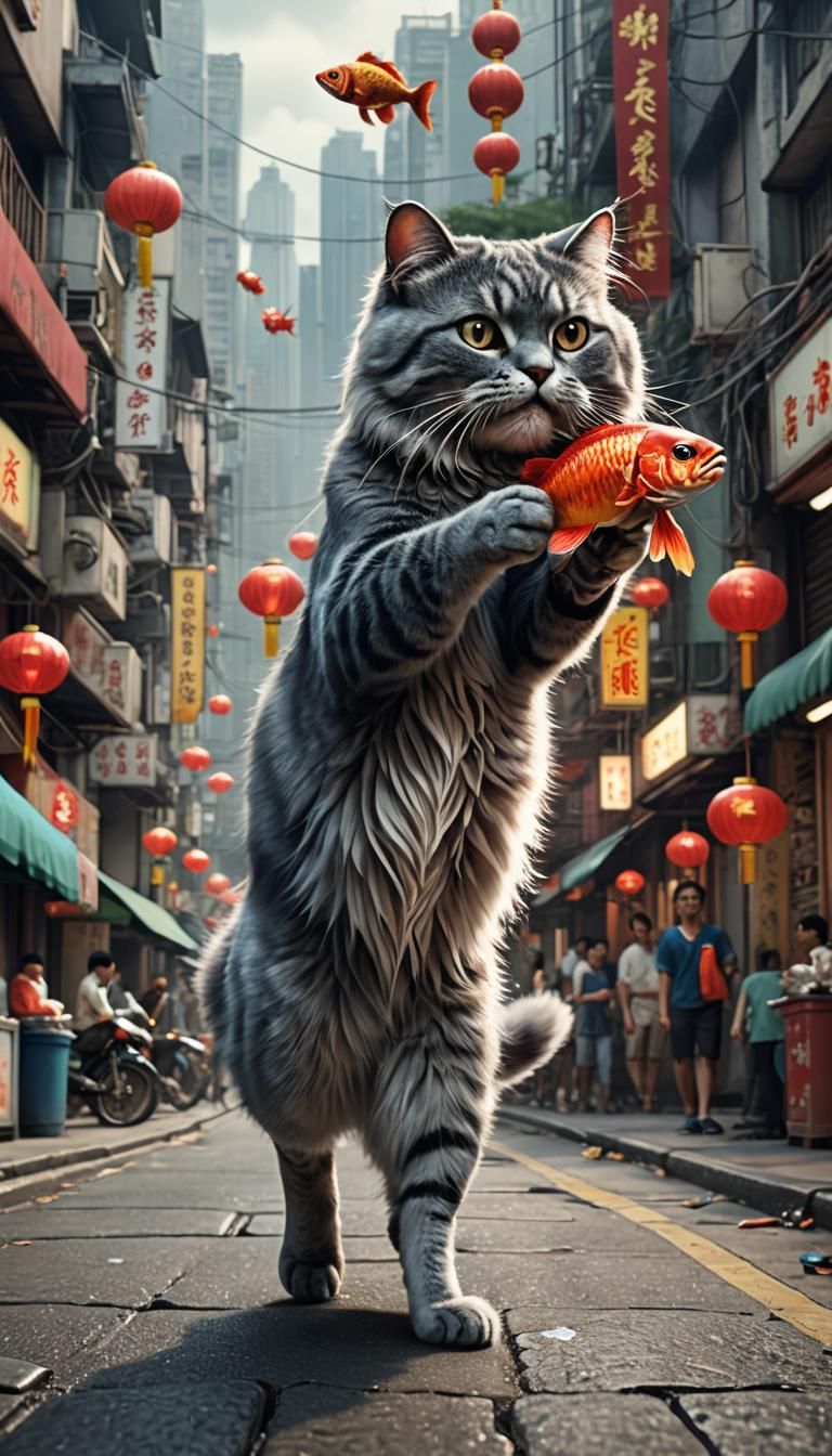 Cat Walks Hong Kong Street with Fish, Photorealistic