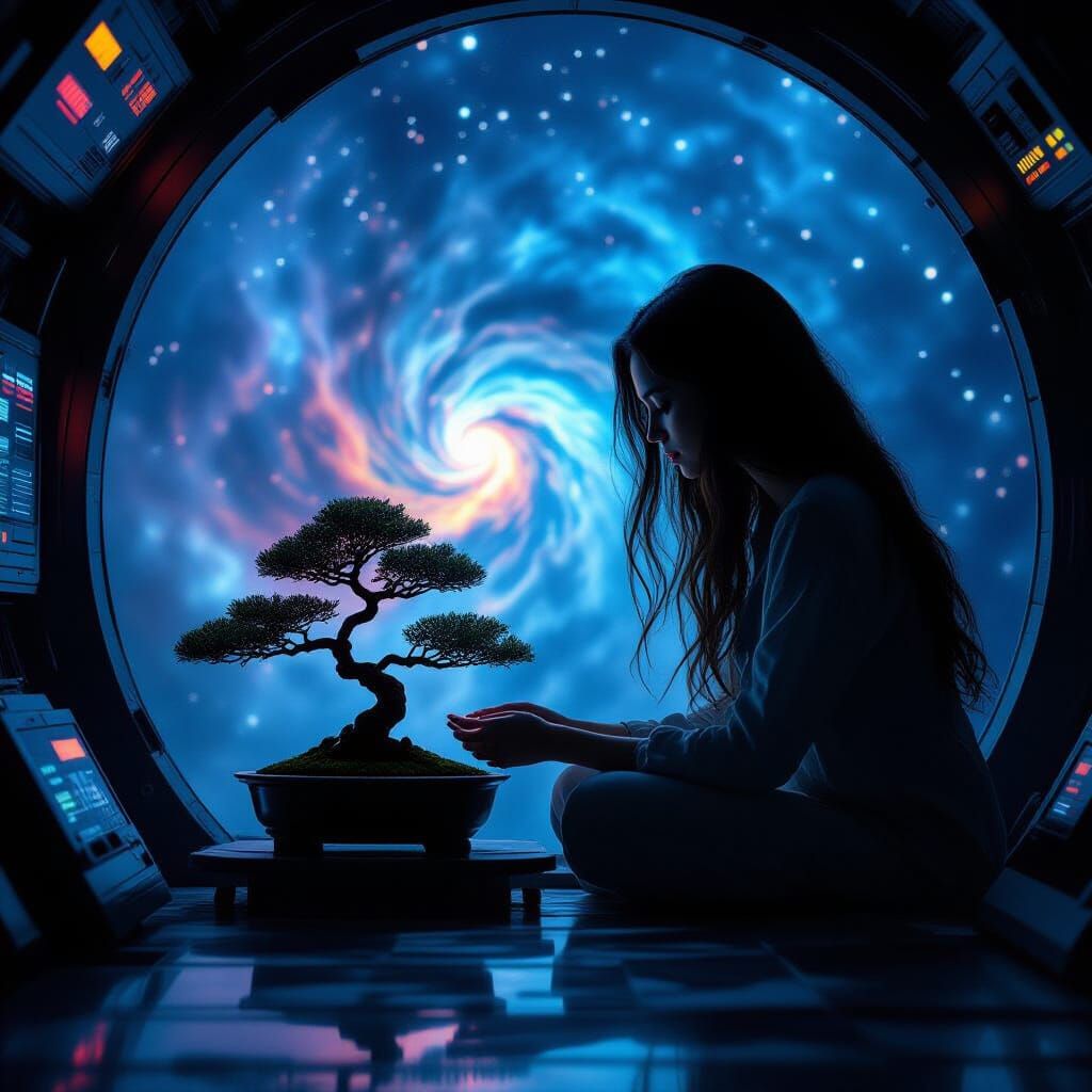 Woman Tends Bonsai in Biodome Amidst Nebula