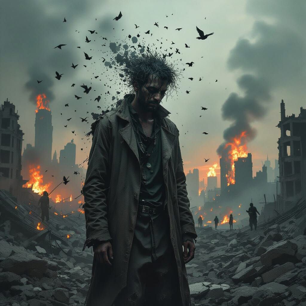 Schizophrenic Man Amidst Dystopian Ruins
