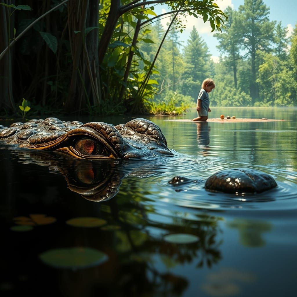 Gator Eyes Reflecting Child, Hyperrealistic Swamp Scene
