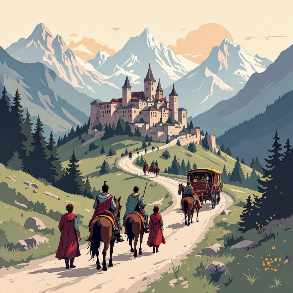 Medieval Prince's Journey: Line Art Illustration