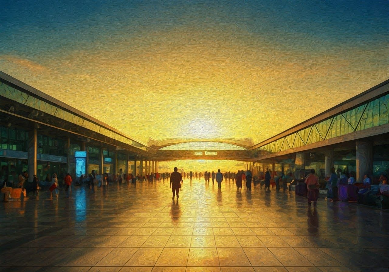 Thai Airport Oil Painting in Warm Golden Light
