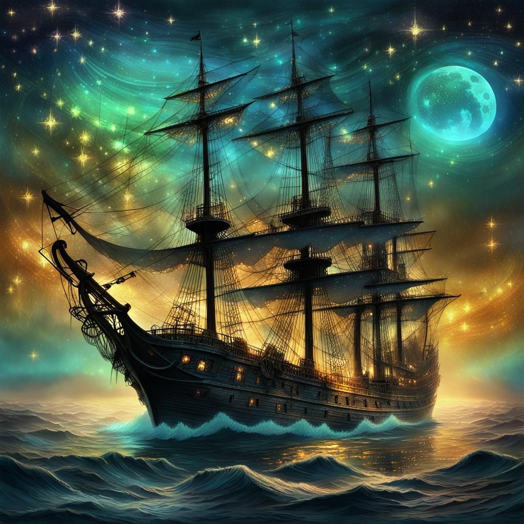 A massive, ethereal ghost ship sailing through a glowing, misty ocean under a star-filled night sky. The ship has tall m...