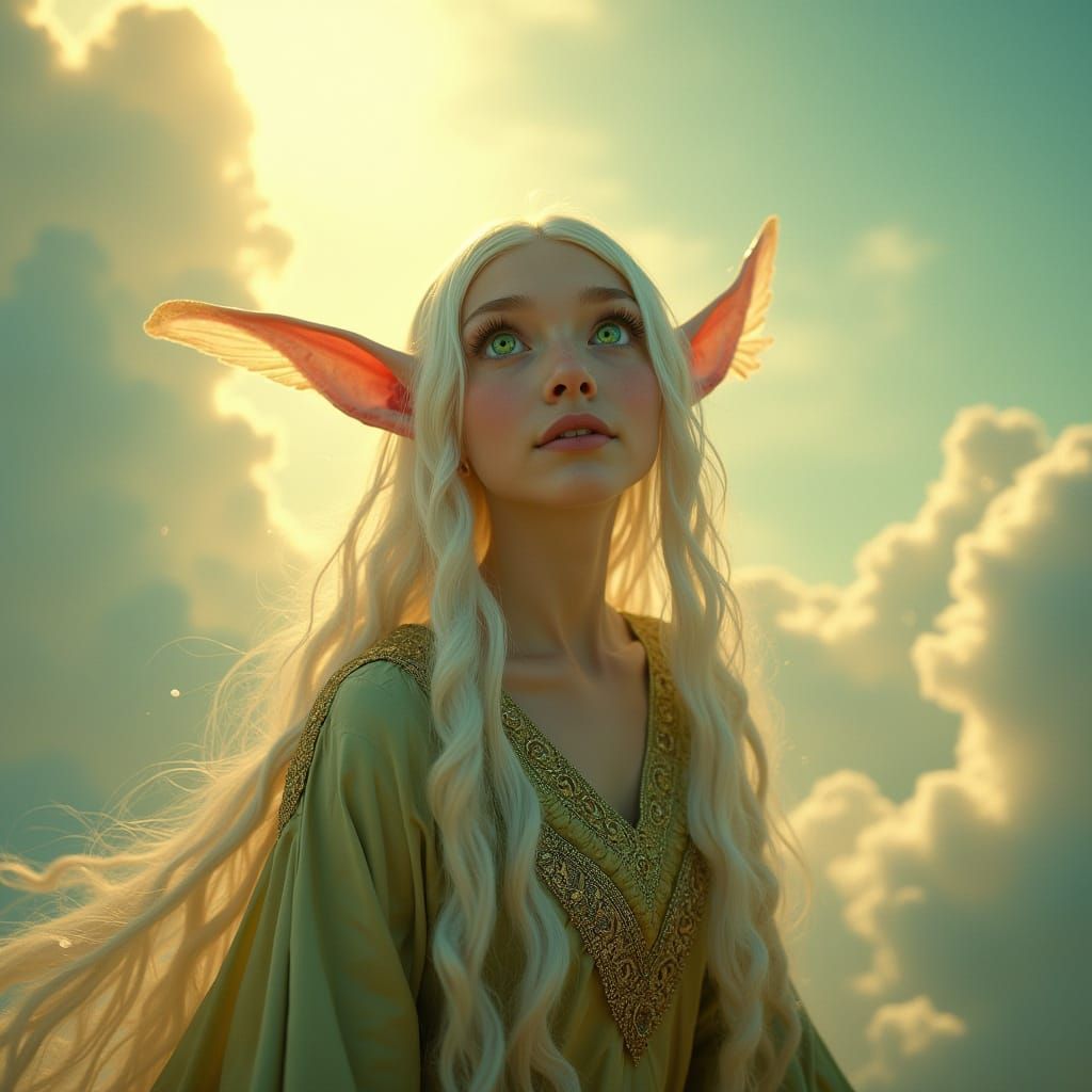 Albino Elf with Green Eyes in Heavenly Light