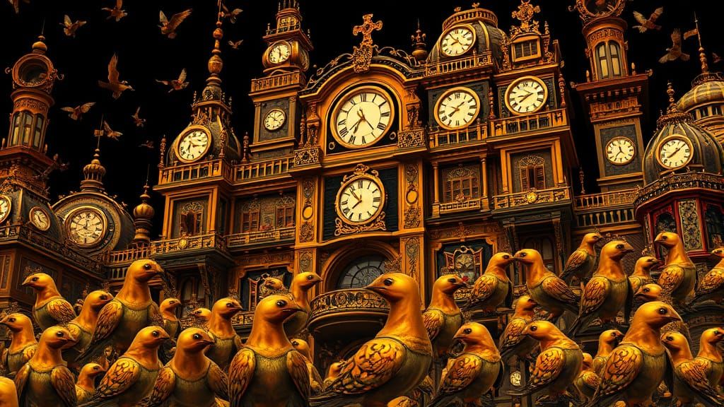 Ornate Steampunk Palace Overcrowded by Clockwork Birds