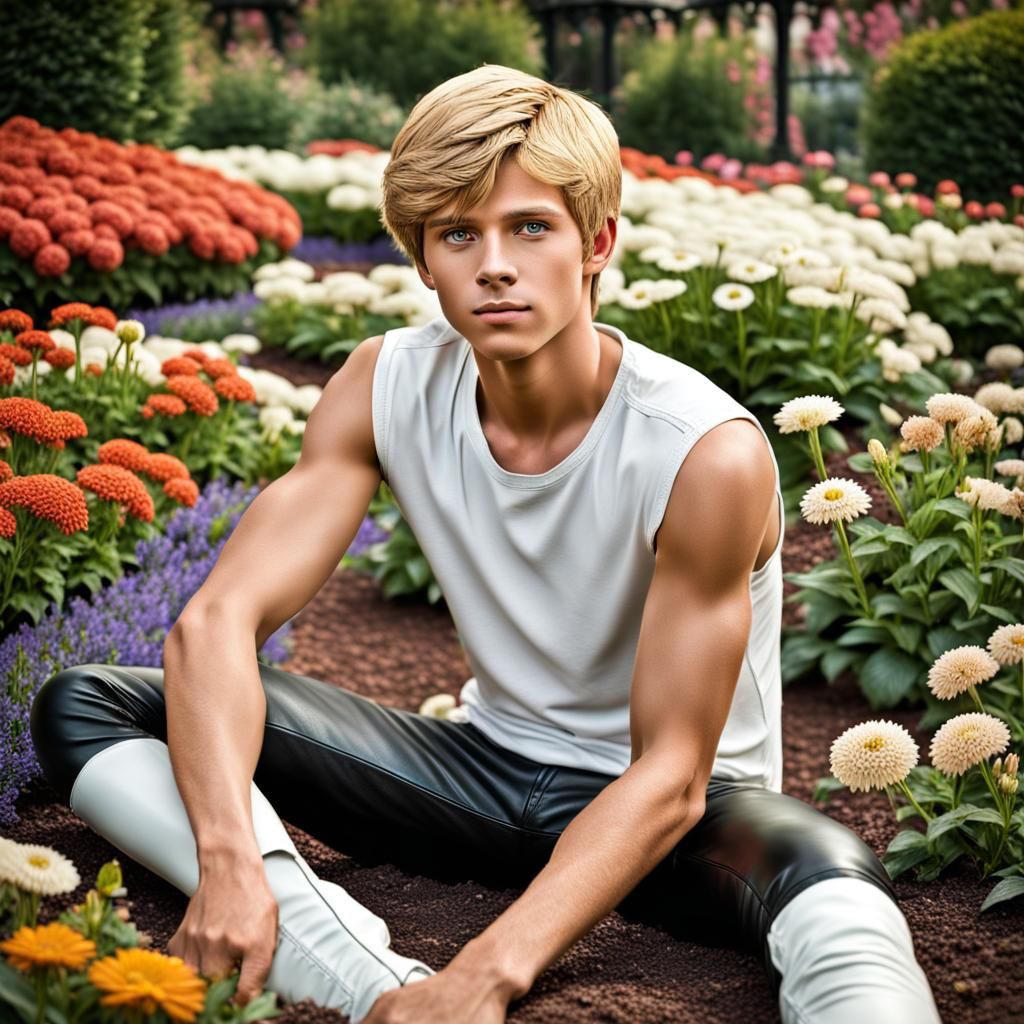 Boy in Flowerbed: Hyperrealistic Detailed Image