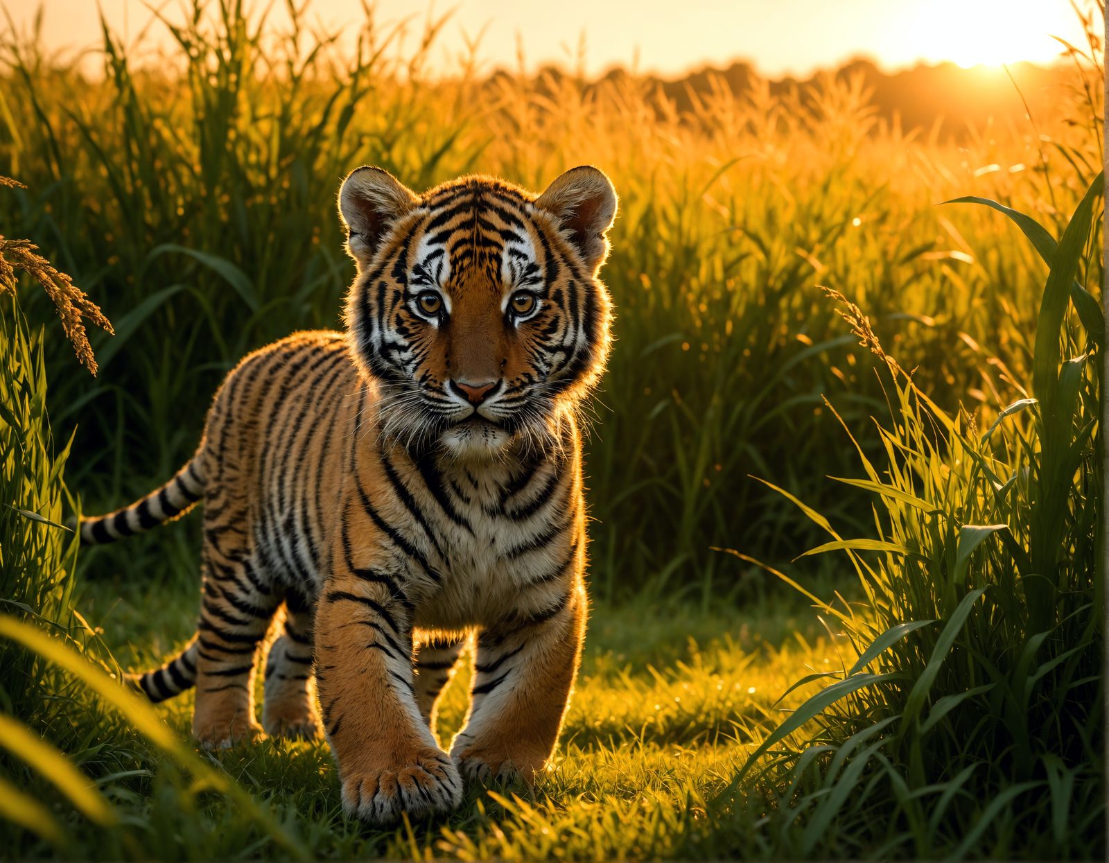 Realistic Tiger Cub in Sunset Landscape
