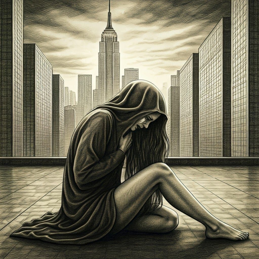 Despairing Woman in Cityscape: Hyperdetailed Pencil Art