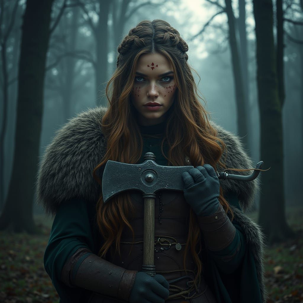 Mystical Shield Maiden in Moonlit Nordic Forest