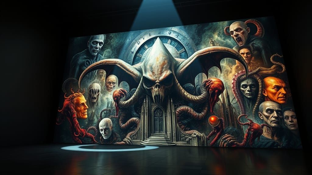 Prism Projecting Abstract Horror Collage in Dark Room