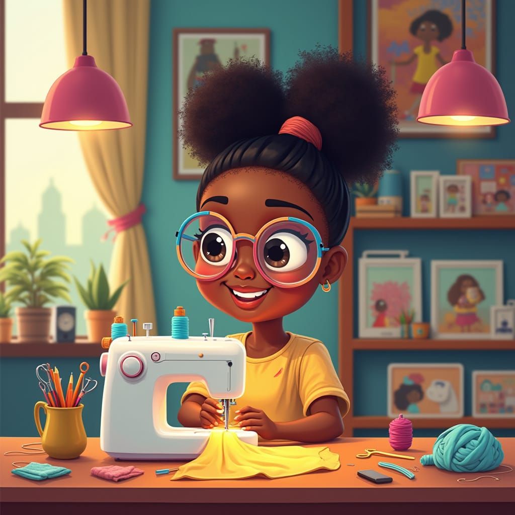 Charming Black Girl Creates Art in Cartoon Style