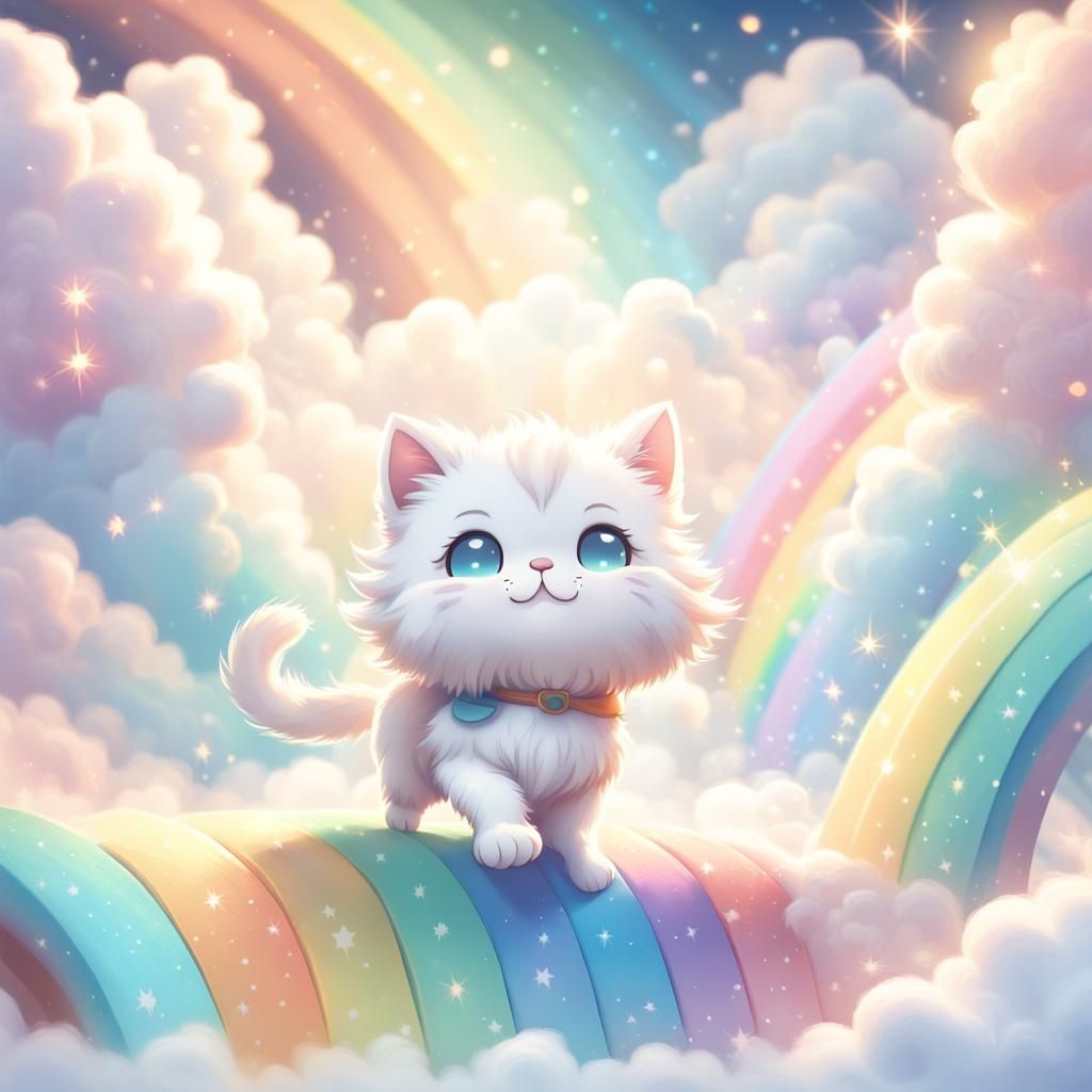 Cat Walks Rainbow Bridge in Chibi Style