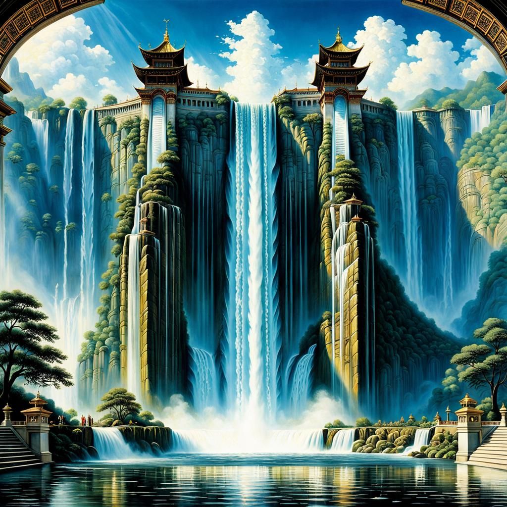 Epic Waterfall Painting in Fantastic Realism Style