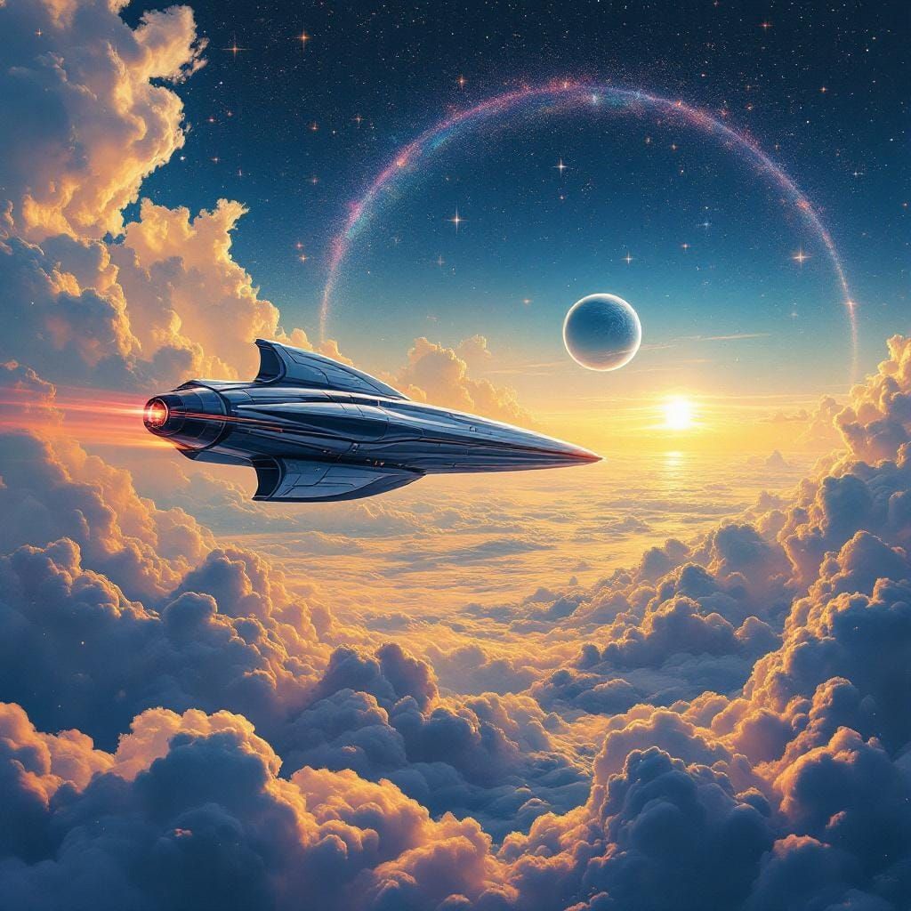Futuristic Rocket Ship Soaring Through Starry Sky