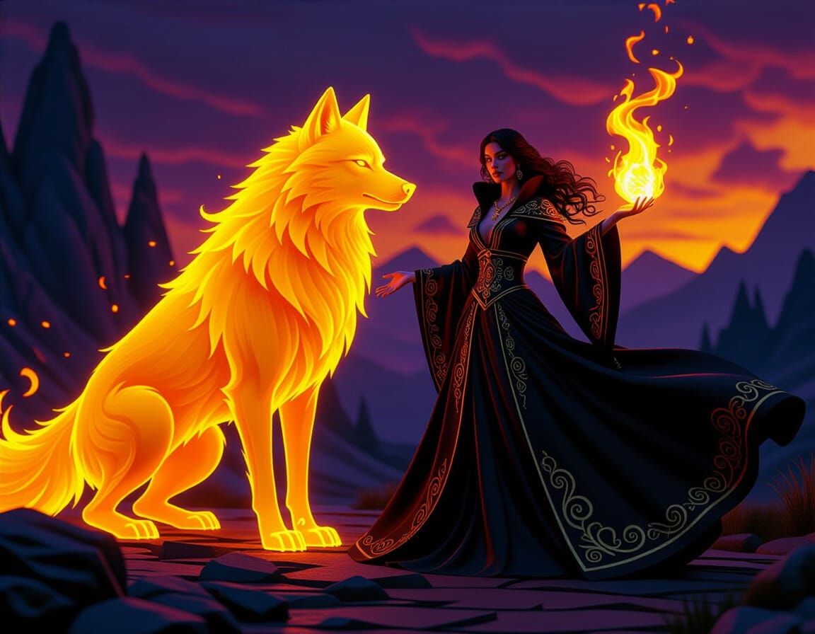Fire Mage Summons a Fiery Wolf, Dark Fantasy Concept Art